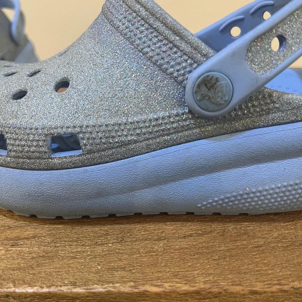 Crocs Kids C13 Platform Clogs Blue Glitter Classic Comfort Strap Slip‎ On Shoes
